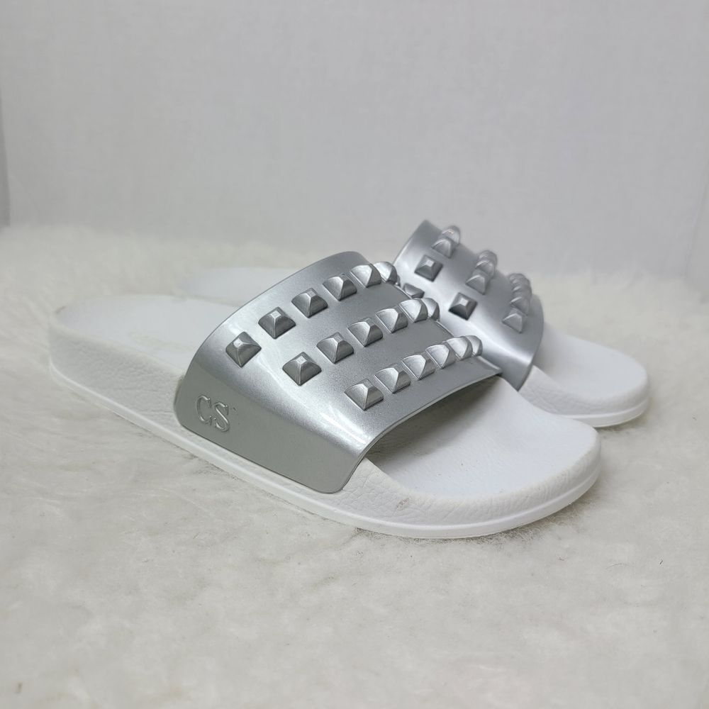 Carmen Sol Franco White Slides Metallic Jelly Sandals Shoes Size 5.5